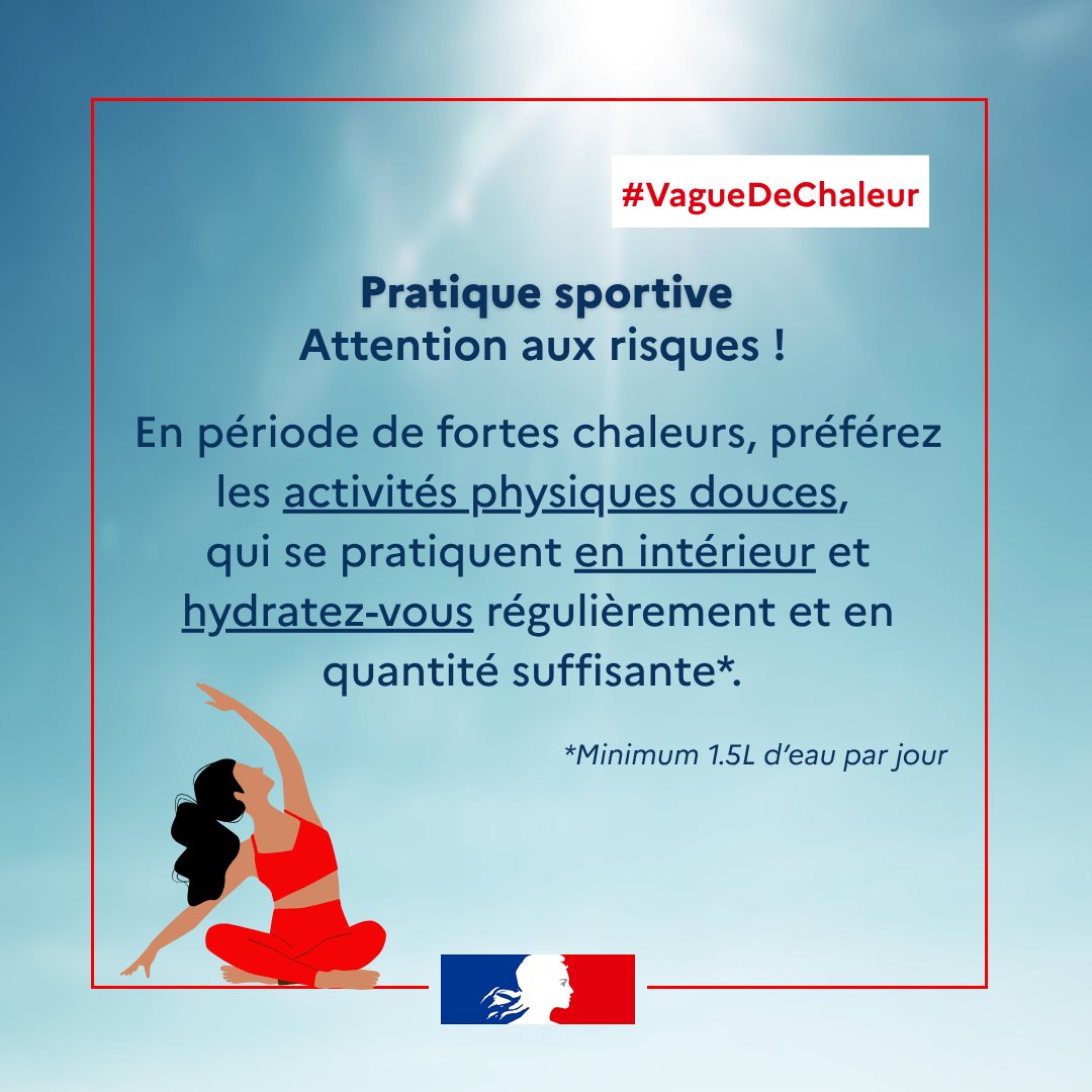 🌡Chaque année de nombreux accidents liés à la pratique sportive intense en période fortes chaleurs sont signalés.
⚠️ Dans ce cas, il est déconseillé de pratiquer un effort trop intense en plein air.
ℹ️ Plus d'infos sur les risques : sante.gouv.fr/sante-et-envir…