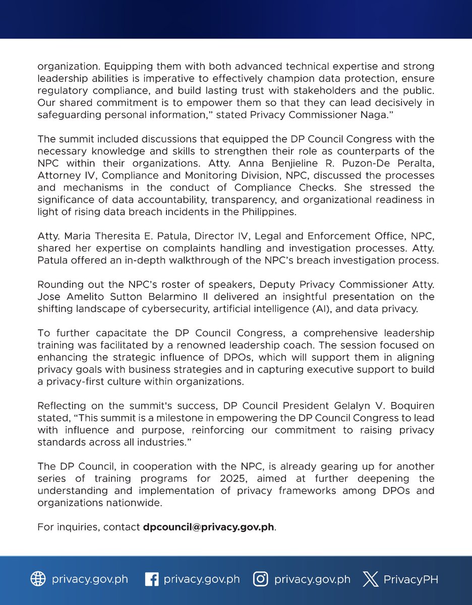 PRESS RELEASE

NPC and DP Council empower DPOs through Capacity Building and Leadership Training

Read more below or on our website: privacy.gov.ph/npc-and-dp-cou…

#PrivacyPH