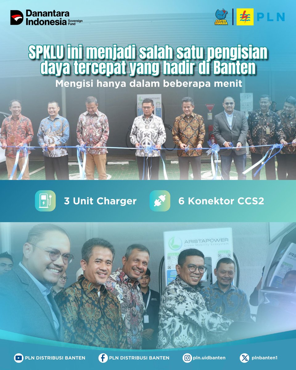 plnbanten1's tweet photo. SPKLU Ultra Fast Charging resmi hadir di BSD City!
Dengan daya 180 kW, kamu bisa ngecas mobil listrik cukup dalam hitungan menit aja!
#PLNMobile #SPKLU #UltraFastCharging #KendaraanListrik #NetZeroEmission #EnergiBersih #PLNUIDBanten https://t.co/9TZjTBgeh9