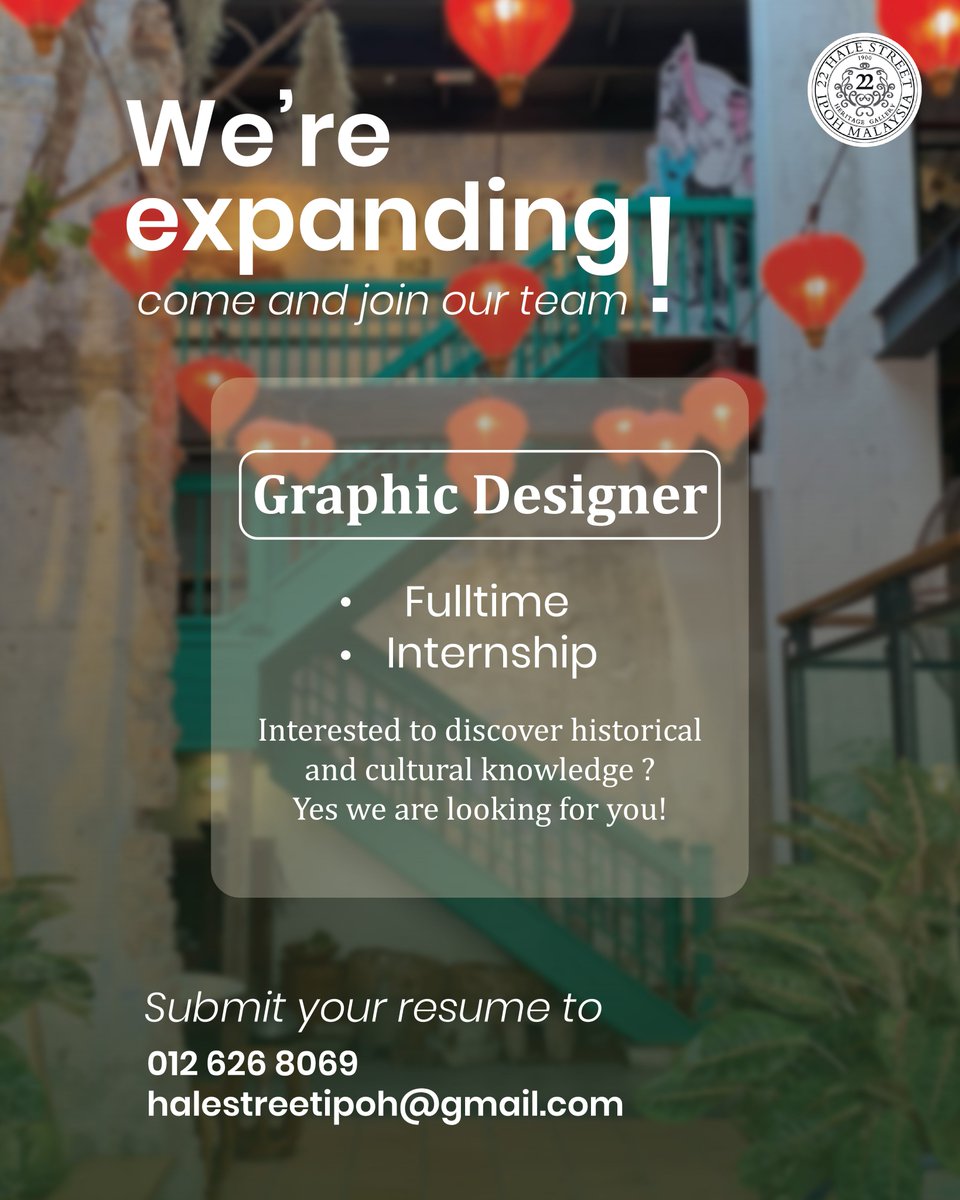 22HaleStreet's tweet photo. Looking to grow your career in a creative and dynamic environment? Join our team and be part of something exciting right here in Ipoh!

#JobVacancyIpoh #KerjaKosongIpoh #IpohJobs #IpohWork #HiringInIpoh #JoinOurTeam https://t.co/SQjcIqA8be