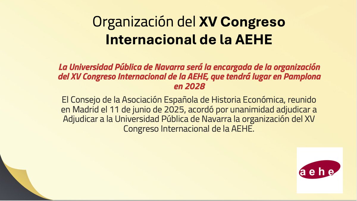 _AEHE's tweet image. ¡ATENCIÓN!¡ANUNCIO!
El Consejo de la @_AEHE , reunido en Madrid el 11 de junio de 2025, acordó por unanimidad, adjudicar a la @UNavarra la organización del XVI Encuentro de Didáctica de la Historia Económica (2027).
¡Seguiremos informando!