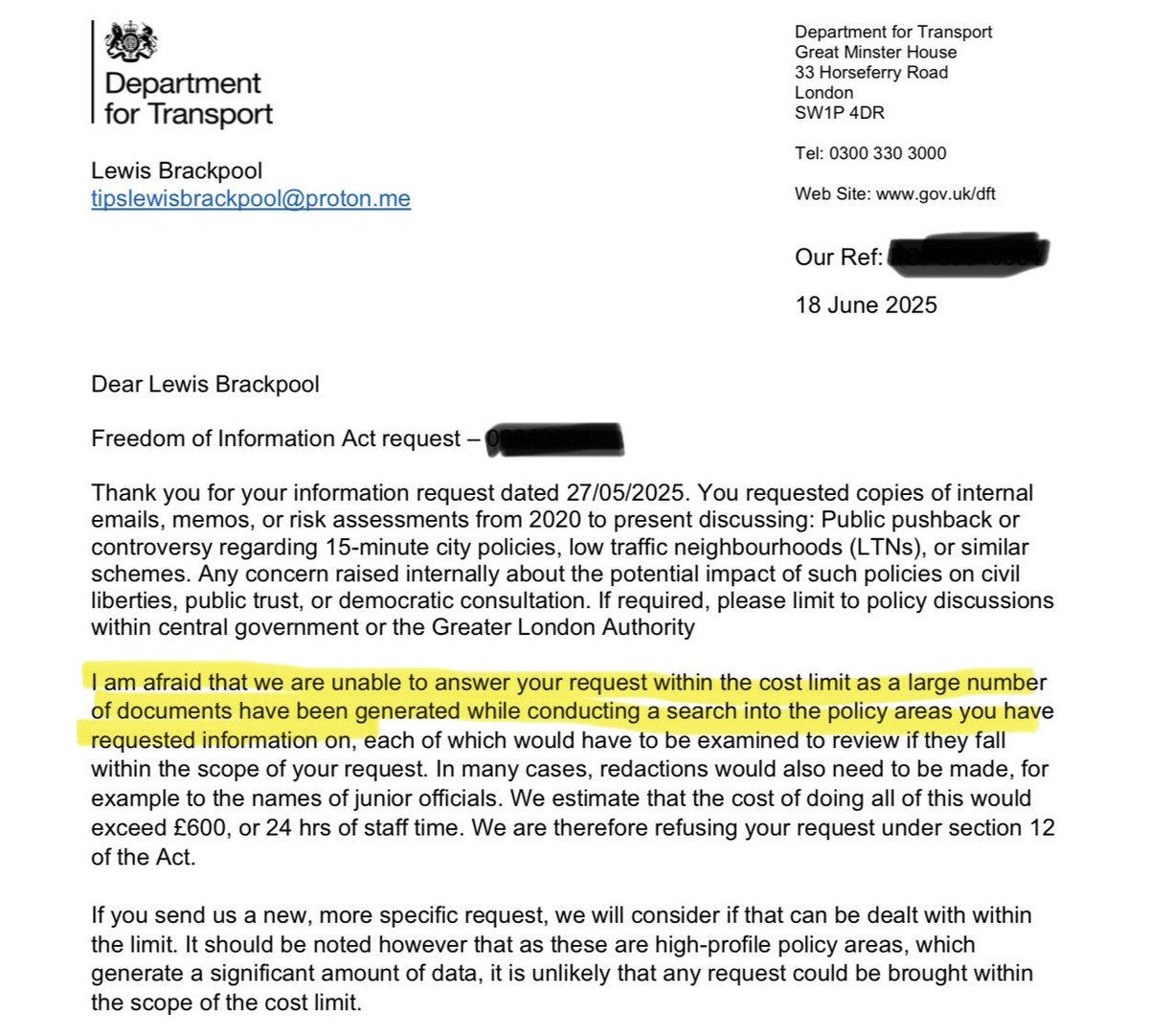NOW — The UK Government is stonewalling questions about 15-minute cities.

I requested access to emails, memos, or risk assessments discussing public pushback, civil liberties, or democratic concerns around:

- 15-minute cities
- Low Traffic Neighbourhoods (LTNs)
- Similar urban