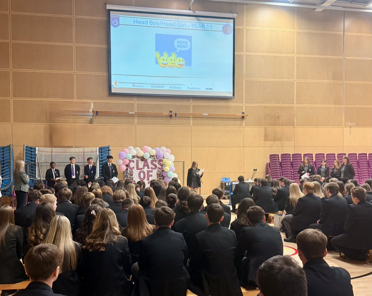 Well done to our amazing head boy and head girl applicants. Yesterday, the students presented their speeches to year 10, following from their interviews last week. The hustings were truly inspirational.  #kirkbychild #maximisingourpotential