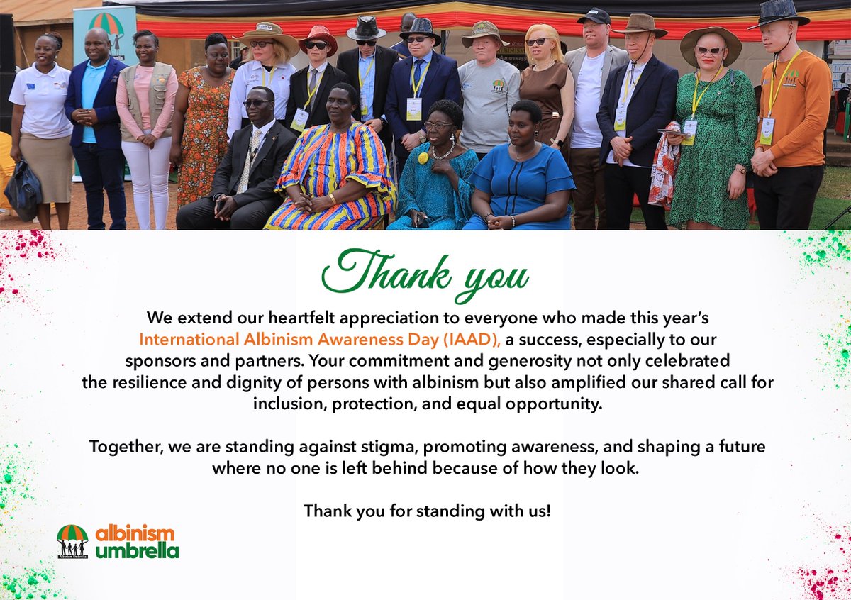 Albinism Umbrella (@albinismumbrell) on Twitter photo Thank you to all who supported #IAAD2025
Your solidarity uplifts persons with albinism and strengthens our advocacy for inclusion, dignity & equal opportunity.
Together, we challenge stigma & build a future of fairness.
#AlbinismAwareness #DisabilityInclusion
<a href="/Mglsd_UG/">Ministry of Gender, Labour and Social Development</a> Thank you to all who supported #IAAD2025
Your solidarity uplifts persons with albinism and strengthens our advocacy for inclusion, dignity & equal opportunity.
Together, we challenge stigma & build a future of fairness.
#AlbinismAwareness #DisabilityInclusion
<a href="/Mglsd_UG/">Ministry of Gender, Labour and Social Development</a>
