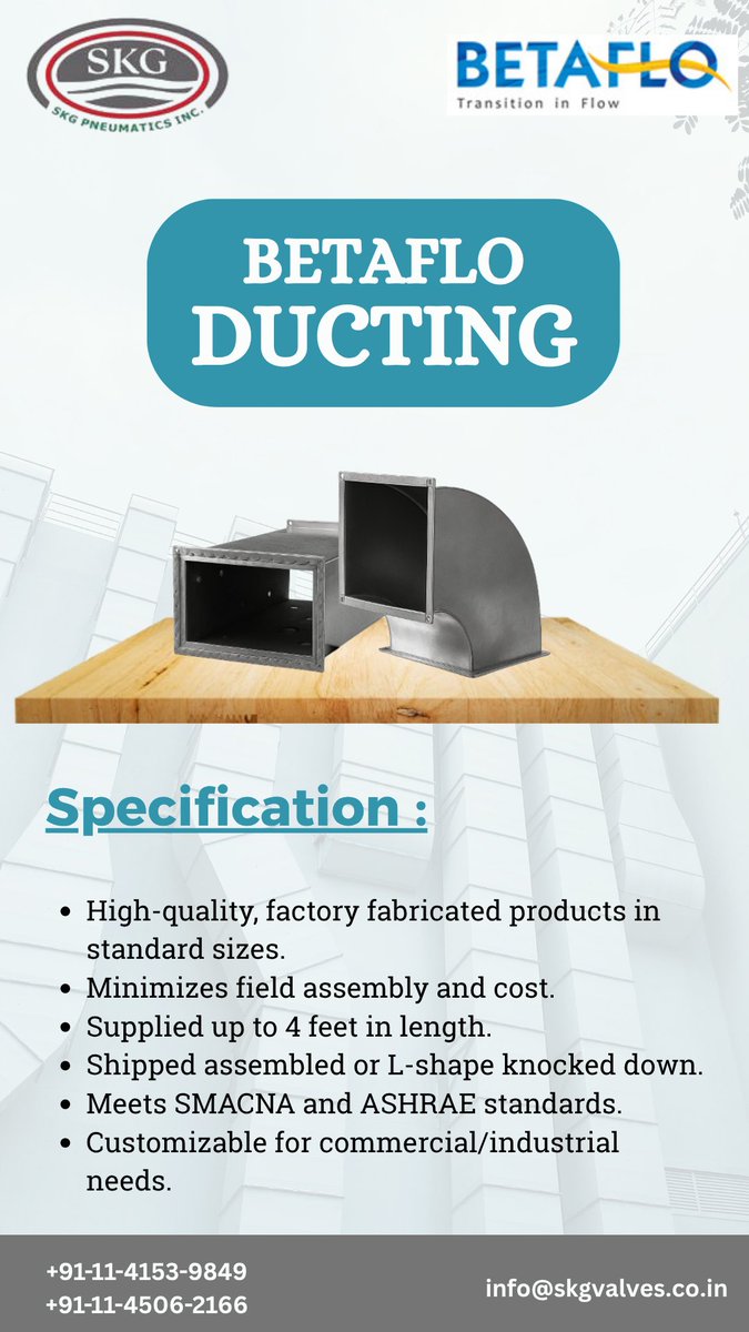 SKG_Pneumatics's tweet image. Need reliable ductwork?
Betaflo Ducting meets SMACNA + ASHRAE standards with factory-built precision.
#Betaflo #DuctingSolutions #HVACDesign #CustomDucting #SKGPneumatics