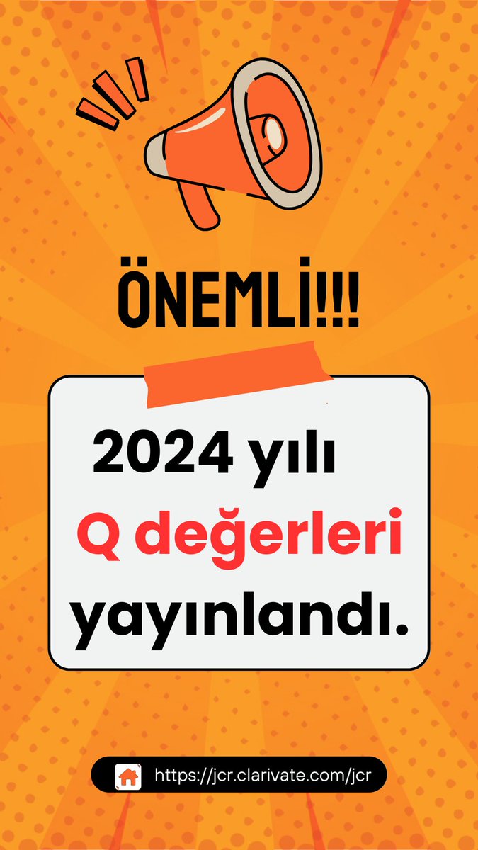 2024 yılı Q değerleri yayınlandı.
jcr.clarivate.com/jcr
Bir önceki başvuruya yetişmeyip Ekim 2025 Başvurusu için başvuracaklar lütfen Q değerleri güncellesin. Değişmese de.