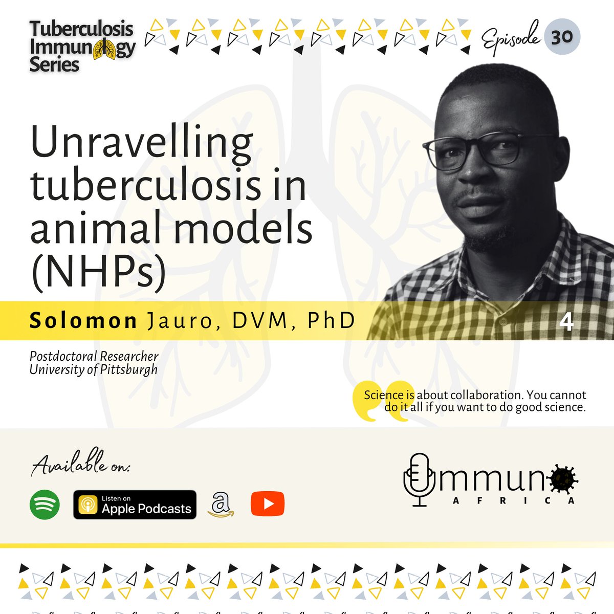 The Immunology in Africa Podcast (@immunoafrica_) on Twitter photo The fourth episode in our #TBImmunologySeries ft. <a href="/docjauro/">Solomon Jauro 🇳🇬🇿🇦🇬🇧🇺🇸</a>, a veterinarian & postdoc at <a href="/PittTweet/">University of Pittsburgh</a>, where he studies #TB in #macaque models.
Listen here: 
Spotify: bit.ly/4kMiDVp
Amazon Music: bit.ly/3SZByzP
Apple Podcasts: bit.ly/3HK5VYF The fourth episode in our #TBImmunologySeries ft. <a href="/docjauro/">Solomon Jauro 🇳🇬🇿🇦🇬🇧🇺🇸</a>, a veterinarian & postdoc at <a href="/PittTweet/">University of Pittsburgh</a>, where he studies #TB in #macaque models.
Listen here: 
Spotify: bit.ly/4kMiDVp
Amazon Music: bit.ly/3SZByzP
Apple Podcasts: bit.ly/3HK5VYF