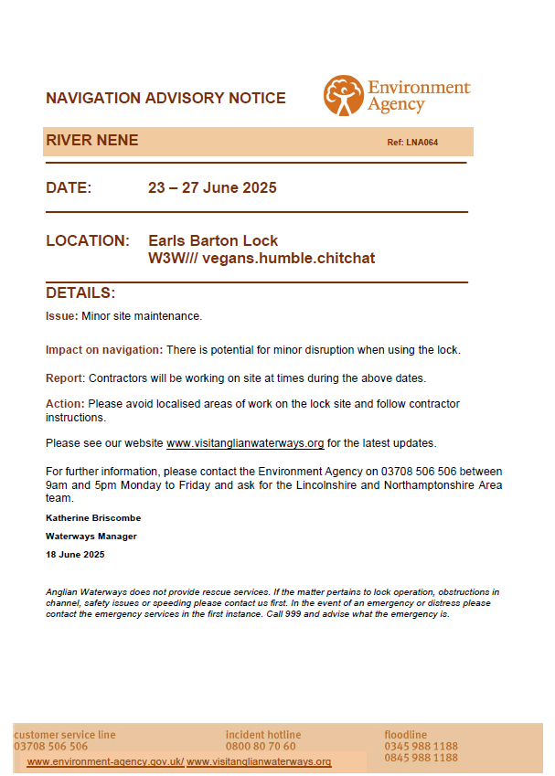 Please see our Navigation Advisory Notice for the River Nene.