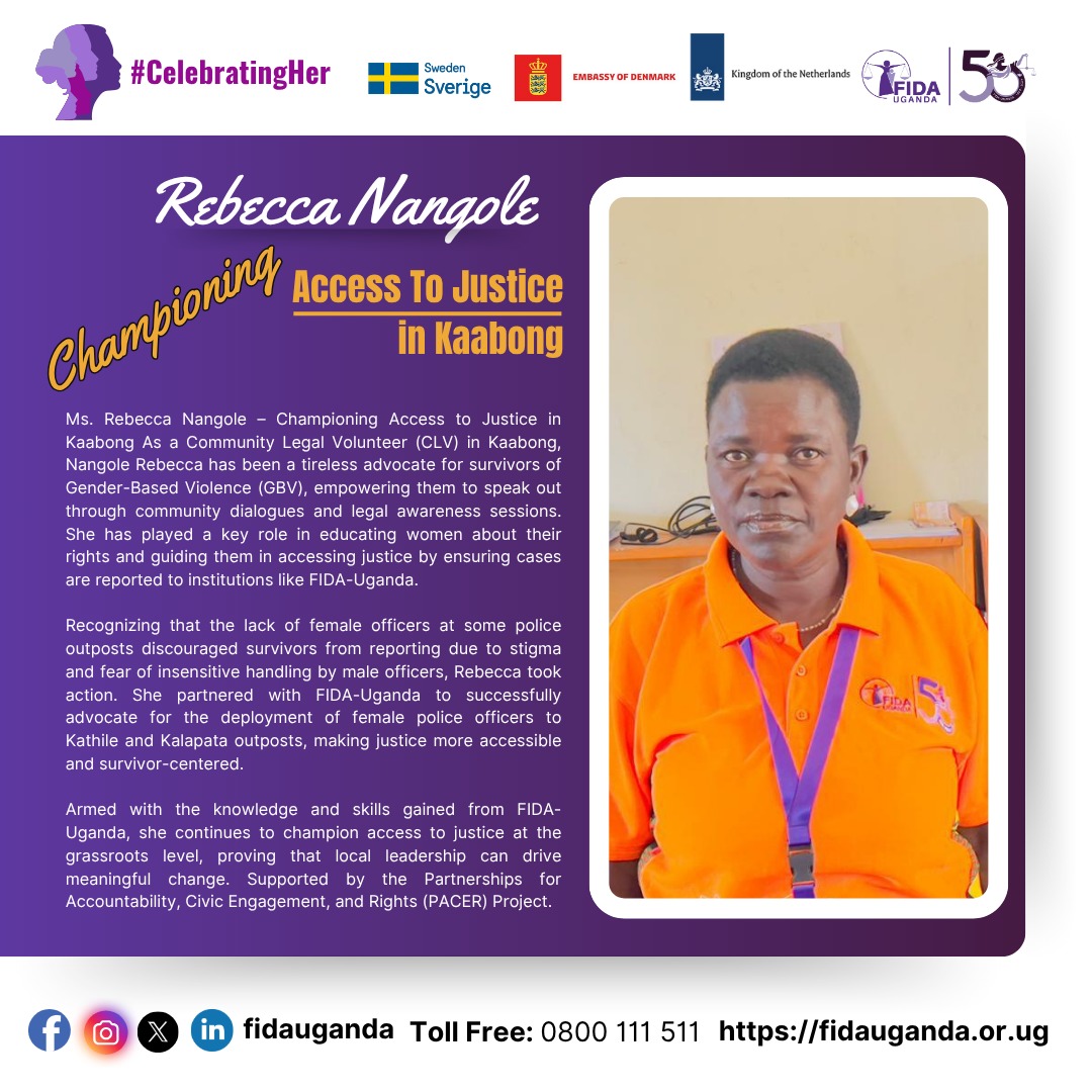 FIDA_Uganda's tweet photo. 💜 #CelebratingHer | Rebecca Nangole is a passionate Community Legal Volunteer in Kaabong, championing access to justice for survivors of Gender-Based Violence. From leading legal awareness sessions to advocating for female police officers at local outposts, Rebecca is transforming justice at the grassroots. Supported by the Partnerships for Accountability, Civic Engagement and Rights (PACER) Project.
#RDEProject