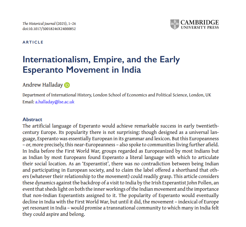 The Historical Journal (@historicaljnl) on Twitter photo 📣Out now on #firstview!
Andrew Halladay (<a href="/lsehistory/">LSE International History</a>) on 'Internationalism, Empire, and the Early Esperanto Movement in India'
#Language #Community #Transnational 🗣️ 🗃️ 20thc
👉Read open access: cambridge.org/core/journals/… 📣Out now on #firstview!
Andrew Halladay (<a href="/lsehistory/">LSE International History</a>) on 'Internationalism, Empire, and the Early Esperanto Movement in India'
#Language #Community #Transnational 🗣️ 🗃️ 20thc
👉Read open access: cambridge.org/core/journals/…