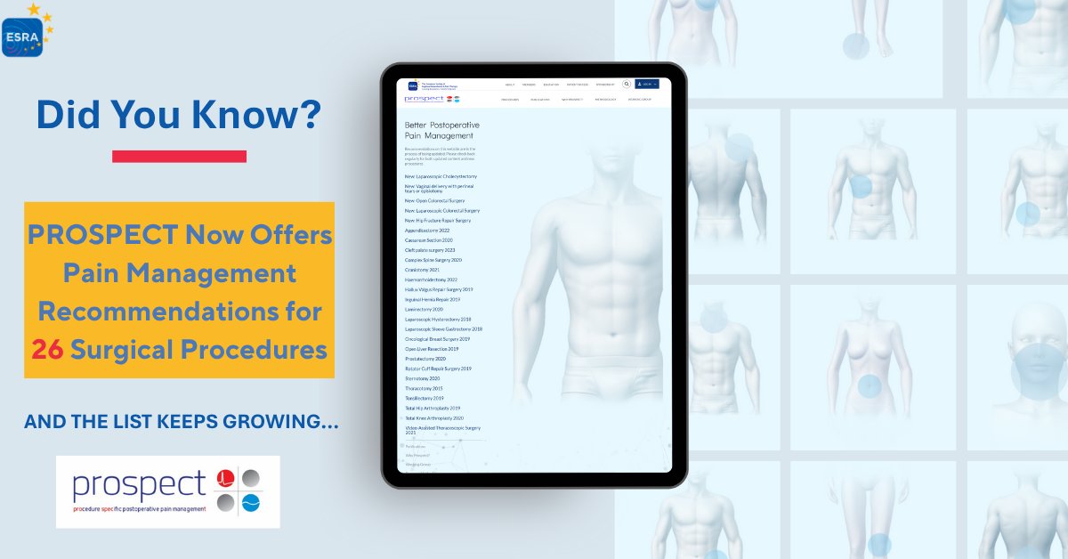 ESRA | European Society of Regional Anaesthesia (@esra_society) on Twitter photo The #PROSPECT Working Group now provides evidence-based pain management recommendations for 26 surgical procedures — with more on the way!
🔜 Updates coming soon:
• Laparoscopic sleeve gastrectomy
• Thoracotomy
• Caesarean section and more...
🔗 esraeurope.org/prospect/ The #PROSPECT Working Group now provides evidence-based pain management recommendations for 26 surgical procedures — with more on the way!
🔜 Updates coming soon:
• Laparoscopic sleeve gastrectomy
• Thoracotomy
• Caesarean section and more...
🔗 esraeurope.org/prospect/