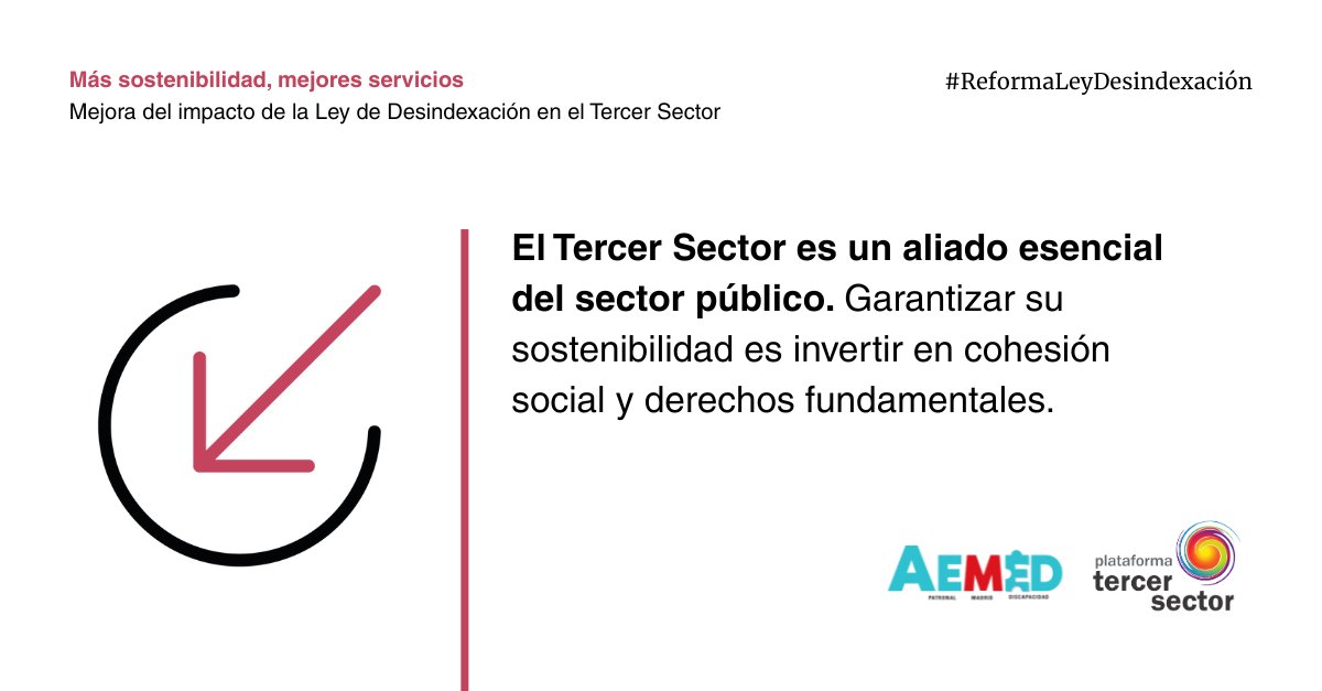 AEMED (@aemed_) on Twitter photo 🔴 Desde AEMED reclamamos la reforma urgente de la Ley de #Desindexación.
❌ Impide revisar precios en contratos públicos. Pone en riesgo servicios esenciales para personas con #DiscapacidadIntelectual.
✔️ + sostenibilidad = + calidad
#ReformaLeyDesindexación <a href="/Plataforma3sect/">Plataforma del Tercer Sector</a> 🔴 Desde AEMED reclamamos la reforma urgente de la Ley de #Desindexación.
❌ Impide revisar precios en contratos públicos. Pone en riesgo servicios esenciales para personas con #DiscapacidadIntelectual.
✔️ + sostenibilidad = + calidad
#ReformaLeyDesindexación <a href="/Plataforma3sect/">Plataforma del Tercer Sector</a>