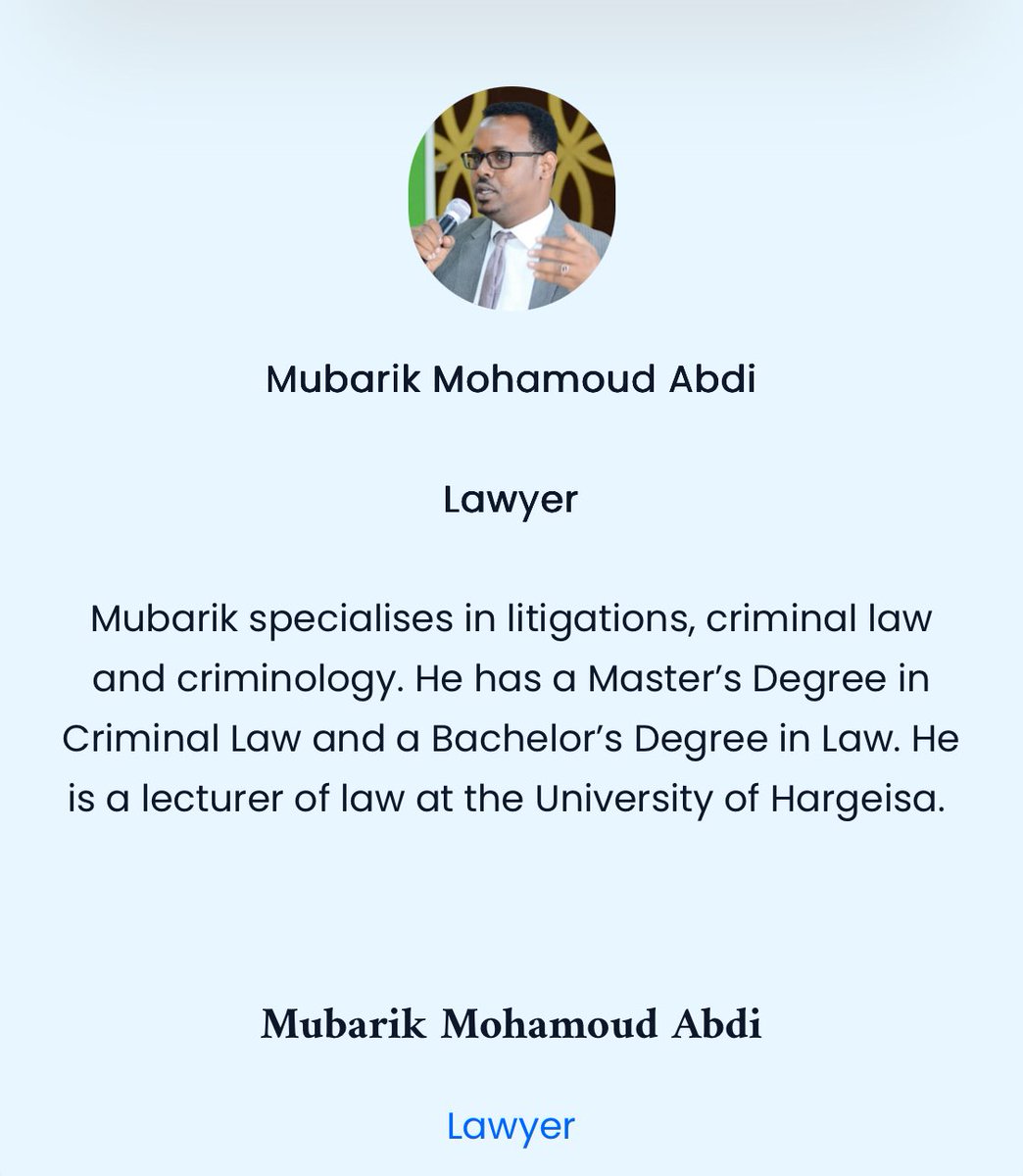 Xaqdoon Law Firm - Hakdoon (@xaqdoonlawfirm) on Twitter photo Senior lawyer of Xaqdoon Law Firm <a href="/MubarigMohamoud/">Mubarik Mahamoud Abdi</a>, an expert in #Somaliland laws, specifically litigation, has joined the government as Deputy Solicitor General, appointed by the president. We congratulate him and wish him good luck with his new job.
xaqdoonlawfirm.com/about-us/ Senior lawyer of Xaqdoon Law Firm <a href="/MubarigMohamoud/">Mubarik Mahamoud Abdi</a>, an expert in #Somaliland laws, specifically litigation, has joined the government as Deputy Solicitor General, appointed by the president. We congratulate him and wish him good luck with his new job.
xaqdoonlawfirm.com/about-us/