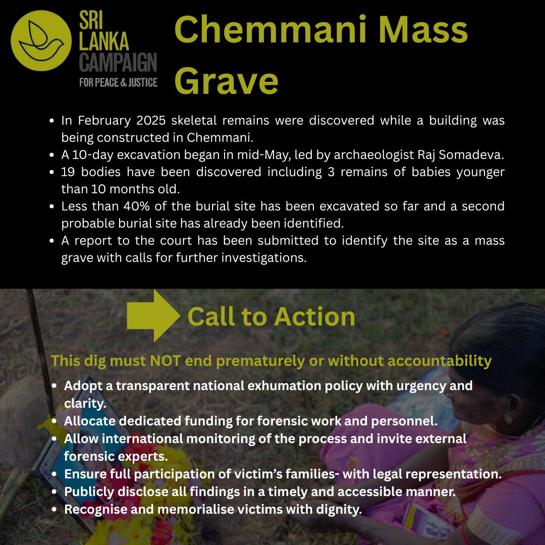 19 bodies, including at least three babies, have been exhumed from the Chemmani mass grave in Sri Lanka. The government must deliver on a transparent exhumation policy, proper funding, international oversight and full participation and legal representation for Tamil families.