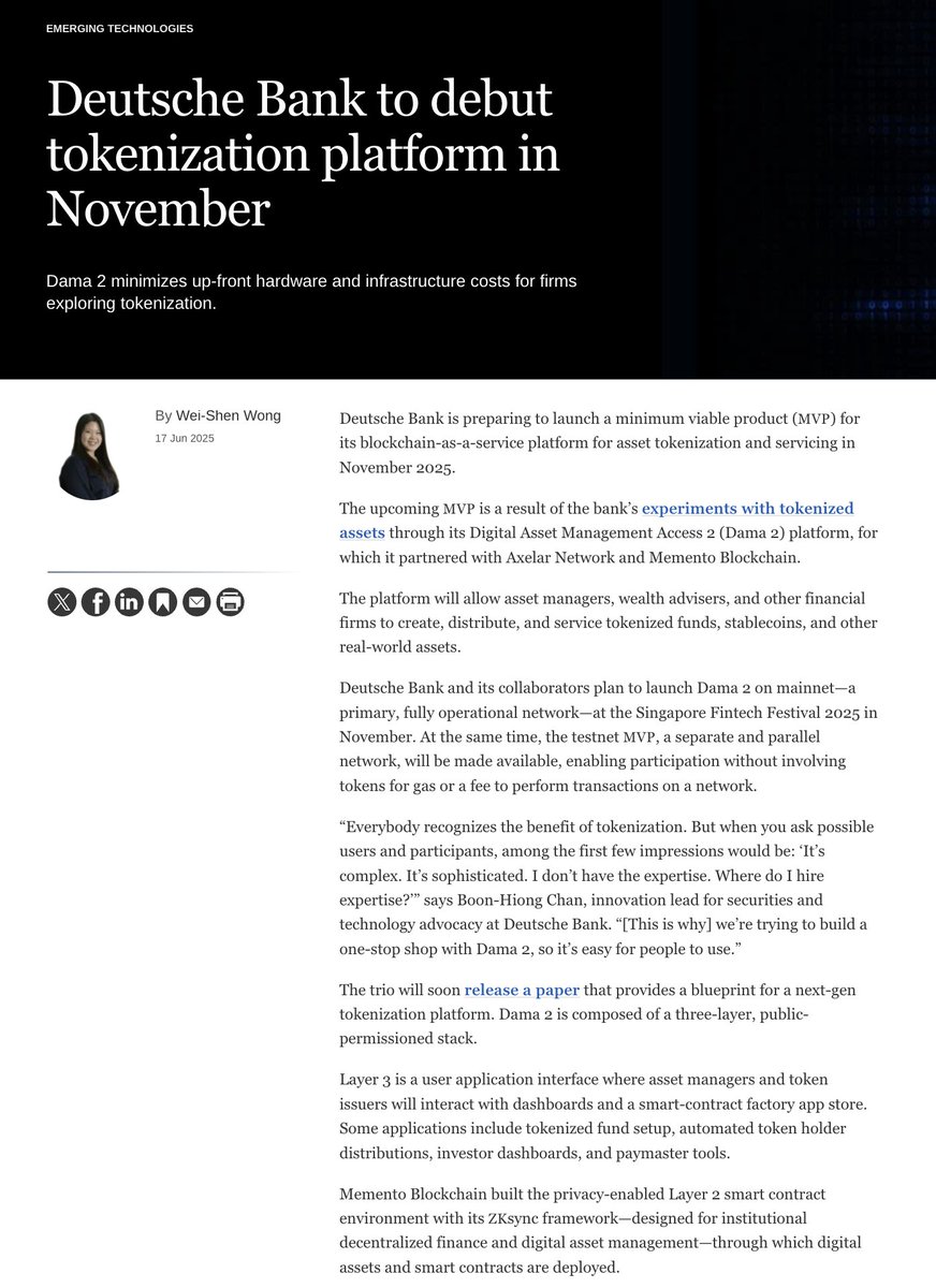 Xoch 🧪 (@xo_poseidon) on Twitter photo 1/ Excited to see <a href="/DeutscheBank/">Deutsche Bank</a>, <a href="/Memento_Bc/">Memento</a> & <a href="/axelar/">Axelar Network</a> publish the DAMA 2 litepaper — an interim report ahead of the MVP launch at Singapore FinTech Festival 2025.
DAMA 2 is a full-stack platform bringing fund issuance, distribution & servicing fully onchain.
<a href="/zksync/">ZKsync (∎, ∆)</a> powers 1/ Excited to see <a href="/DeutscheBank/">Deutsche Bank</a>, <a href="/Memento_Bc/">Memento</a> & <a href="/axelar/">Axelar Network</a> publish the DAMA 2 litepaper — an interim report ahead of the MVP launch at Singapore FinTech Festival 2025.
DAMA 2 is a full-stack platform bringing fund issuance, distribution & servicing fully onchain.
<a href="/zksync/">ZKsync (∎, ∆)</a> powers