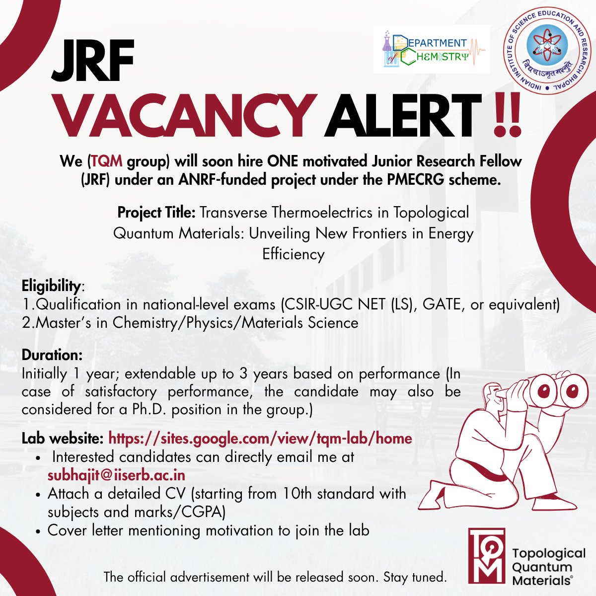 RCSubhajit's tweet image. 📢JRF Position Opening
We are looking for a motivated student.
Learn more about our research group: sites.google.com/view/tqm-lab/h…
#TQMLab @chm_iiserb @iiserbhopal