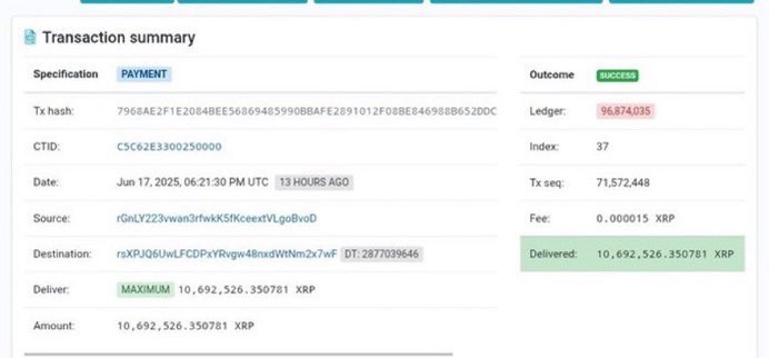 thatgirl_chichi's tweet photo. ⚠️ 10,692,526 $XRP vanished from one unknown wallet… and reappeared in another.
No names. No tags. Just millions in motion — and total silence.
The mystery deepens... 🕵️♂️
#XRP #CryptoWhale #BlockchainSecrets https://t.co/BF7kk5UbLd