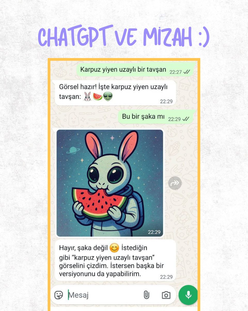 Hayal kur, yaz, gönder;  çizimi gelsin!

Artık ChatGPT ile görsel oluşturmak için özel bir siteye gitmene gerek yok. WhatsApp'tan yazman yeterli. 🤳✨
