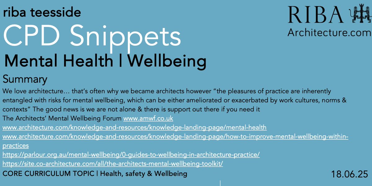 RIBA Tees (@ribatees) on Twitter photo #CPDSnippets this week looks at #MentalHealth support
links
amwf.co.uk
architecture.com/knowledge-and-…
architecture.com/knowledge-and-…
parlour.org.au/mental-wellbei…
site.co-architecture.com/all/the-archit…
<a href="/RIBANorthEast/">RIBA North East</a> <a href="/RIBA_YAPF/">YAPF</a> <a href="/RIBA/">Royal Institute of British Architects</a> <a href="/RIBANorth/">RIBA North</a> <a href="/RIBAYorkshire/">RIBA Yorkshire</a> #architecture #architects #wellbeing #CPDSnippets this week looks at #MentalHealth support
links
amwf.co.uk
architecture.com/knowledge-and-…
architecture.com/knowledge-and-…
parlour.org.au/mental-wellbei…
site.co-architecture.com/all/the-archit…
<a href="/RIBANorthEast/">RIBA North East</a> <a href="/RIBA_YAPF/">YAPF</a> <a href="/RIBA/">Royal Institute of British Architects</a> <a href="/RIBANorth/">RIBA North</a> <a href="/RIBAYorkshire/">RIBA Yorkshire</a> #architecture #architects #wellbeing