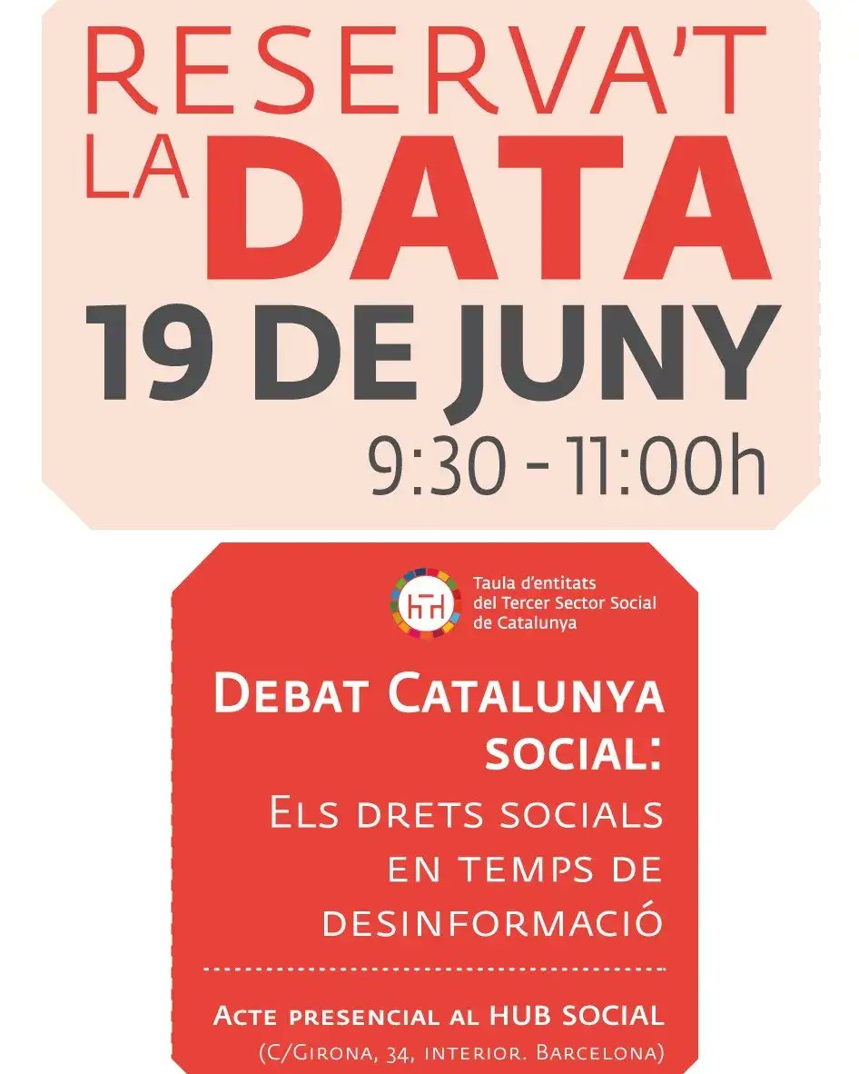 afatrac's tweet image. 🧠 Parlem de drets socials i desinformació al Debat Catalunya Social.
📰 Amb Nereida Carrillo i el nou dossier de Catalunya Social.
📅 19 de juny
📍 Hub Social, BCN
🕤 9:30 h
✅ Inscripció: shorturl.at/Jsb2Y
#DretsSocials #Desinformació #AFATRAC #TercerSector