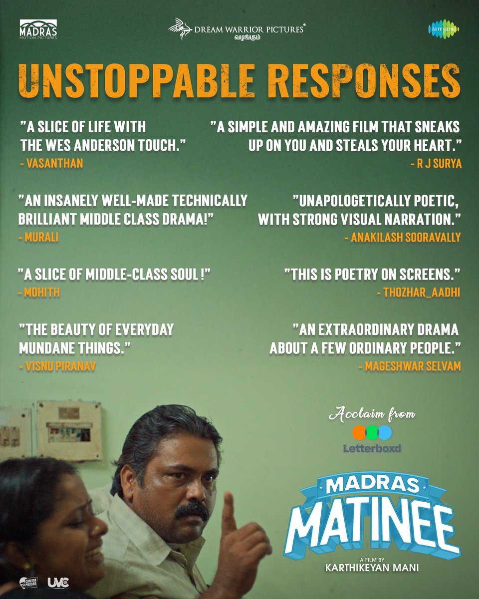 Unstoppable reviews are pouring in for #MadrasMatinee 😍

From poetry on screens to a slice of middle-class soul, Audiences and critics alike are celebrating this heartfelt gem! ❤️

Book your tickets 🎟️ now and watch it in theatres near you.

<a href="/keyanmk/">keyanmk</a> - directorial 💫