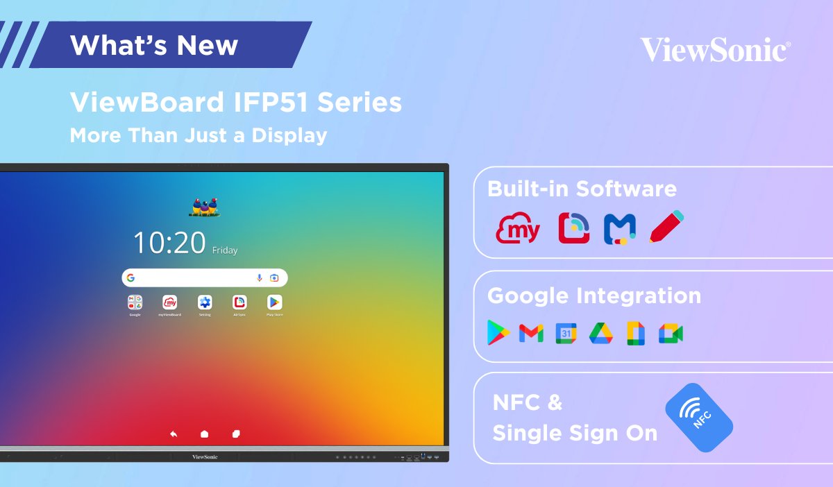 VSEducationUK's tweet image. 🚀 The new ViewBoard IFP51 Series is here!
Built for versatility &amp;amp; efficiency in modern classrooms.

📏 55&quot;–98&quot;
🏫 Android 14 (EDLA)
🔒 NFC login
✏️ WriteAway + palm rejection
🌍 EPEAT Silver

Future-ready learning starts now. 💡 #EdTech #ViewBoard