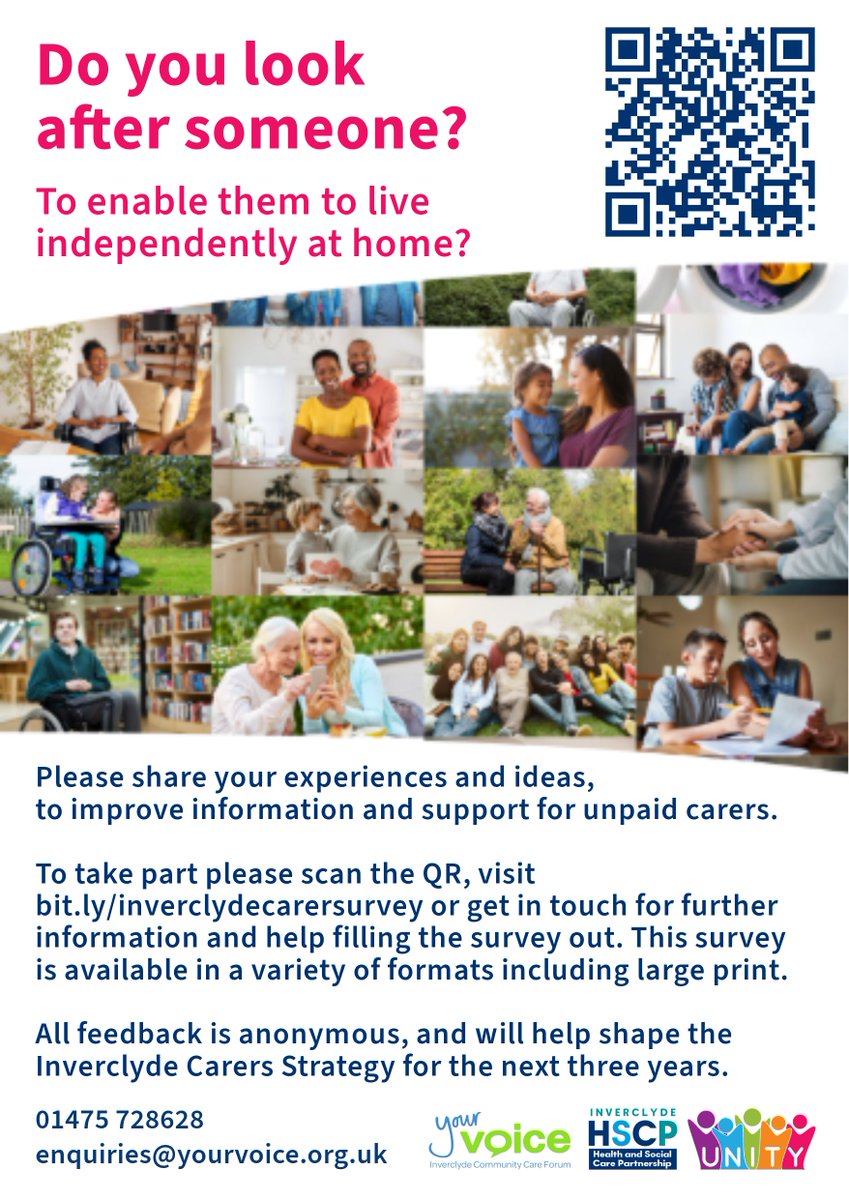 Do you look after someone?

Tell us what matters to you! Inverclyde are developing their next plan for carers and they need you to help shape that plan!

Get in touch if you have any questions or need help to complete the survey. 

bit.ly/inverclydecare…