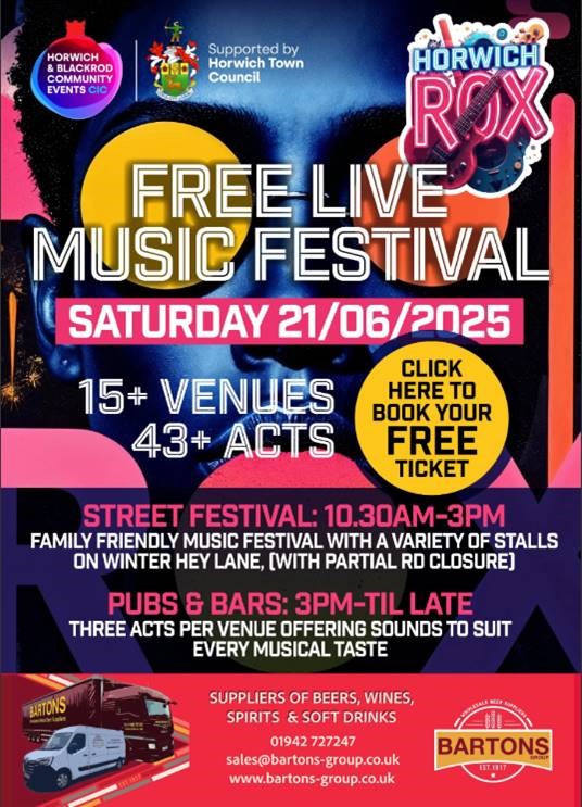 Horwich Rox - free live musical festival this Saturday! 🎶

Enjoy free live music from two music stages featuring a schedule of live bands, solo artists, choirs and the ever-popular DJ Phil Grimshaw! 

Get your FREE tickets 👉 bit.ly/HorwichRox