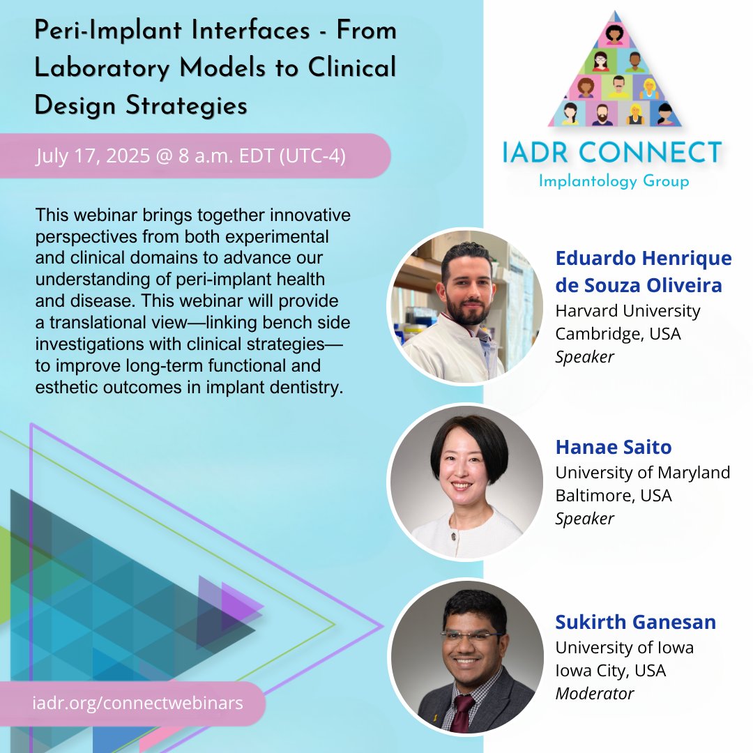 Peri-Implant Interfaces - From Laboratory Models to Clinical Design Strategies

📅Thursday, July 17
⌚8 a.m. EDT (UTC-4)
🔗pathlms.com/iadr/courses/7…

#implantology #dentistry #dentalresearch #oralhealth #webinars