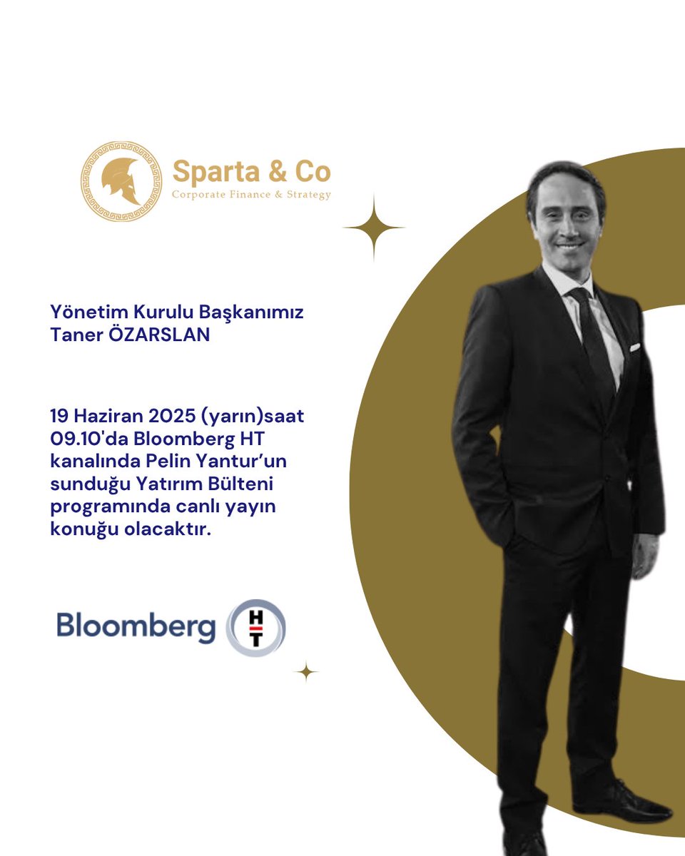 Yönetim Kurulu Başkanımız Taner Özarslan yarın saat 09.10'da Bloomberg HT ekranlarında Pelin Yantur'un sunduğu "Yatırım Bülteni" programında canlı yayın konuğu olacaktır. Keyifli seyirler!
