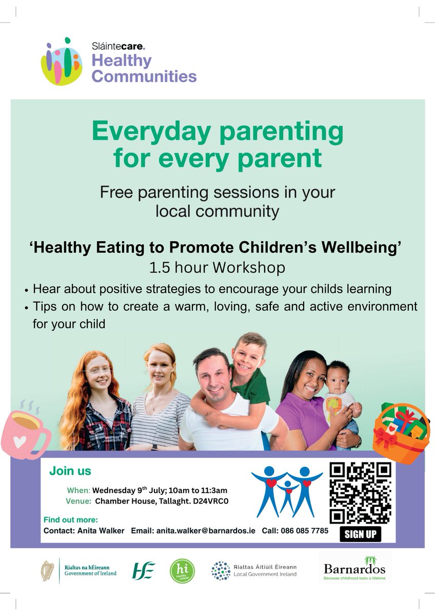 Parents in Tallaght – join us for a free workshop: Healthy Eating to Promote Children’s Wellbeing
📅 Wednesday 9th July, 10am–11:30am
Chamber House, D24 VRC0
Learn strategies to support your child’s learning and wellbeing.
Contact info below
#HealthyCommunities #PositiveParenting