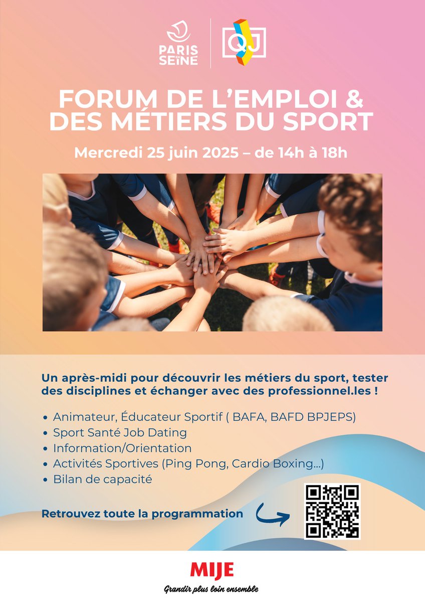 Rendez-vous le mercredi 25 juin de 14 à 18h au Forum de l'emploi et des métiers du sport !

🗓️Mercredi 25 juin 2025
🕐14h – 18h
📍Quartier Jeune – 4 Pl. du Louvre, 75001 Paris Centre

Retrouvez plus d'informations : mije.com/printemps-des-…