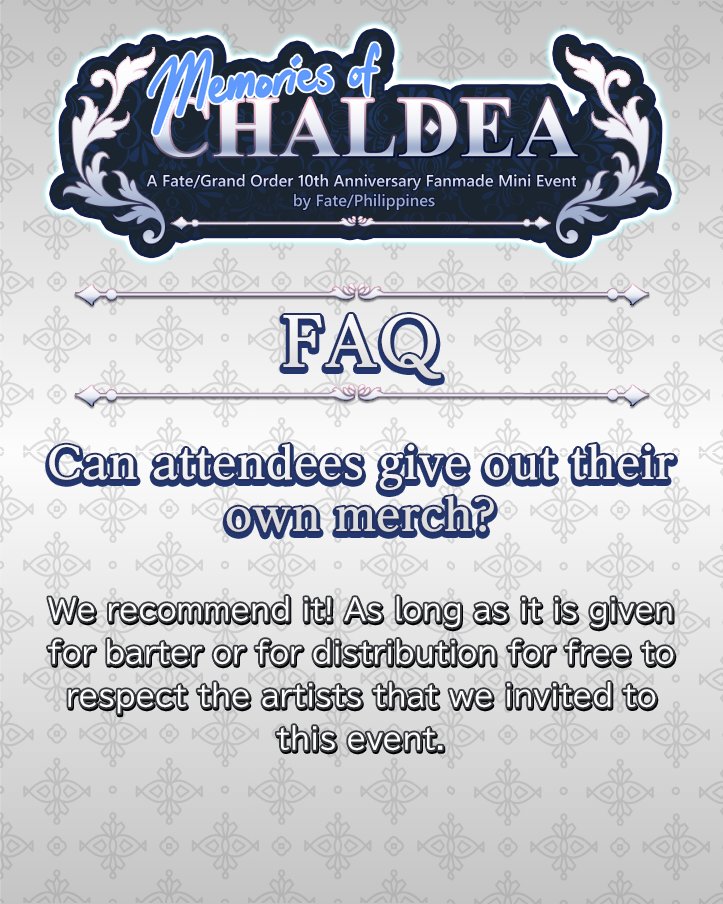 {••FAQ••}

We compiled the most asked questions by our guests! Hopefully your questions are answered here!

There's still 1 question left unanswered but we'll need a separate post for that! Stay tuned for the "how to get to the venue" post!

#MemoriesOfChaldea #FGO #FPH