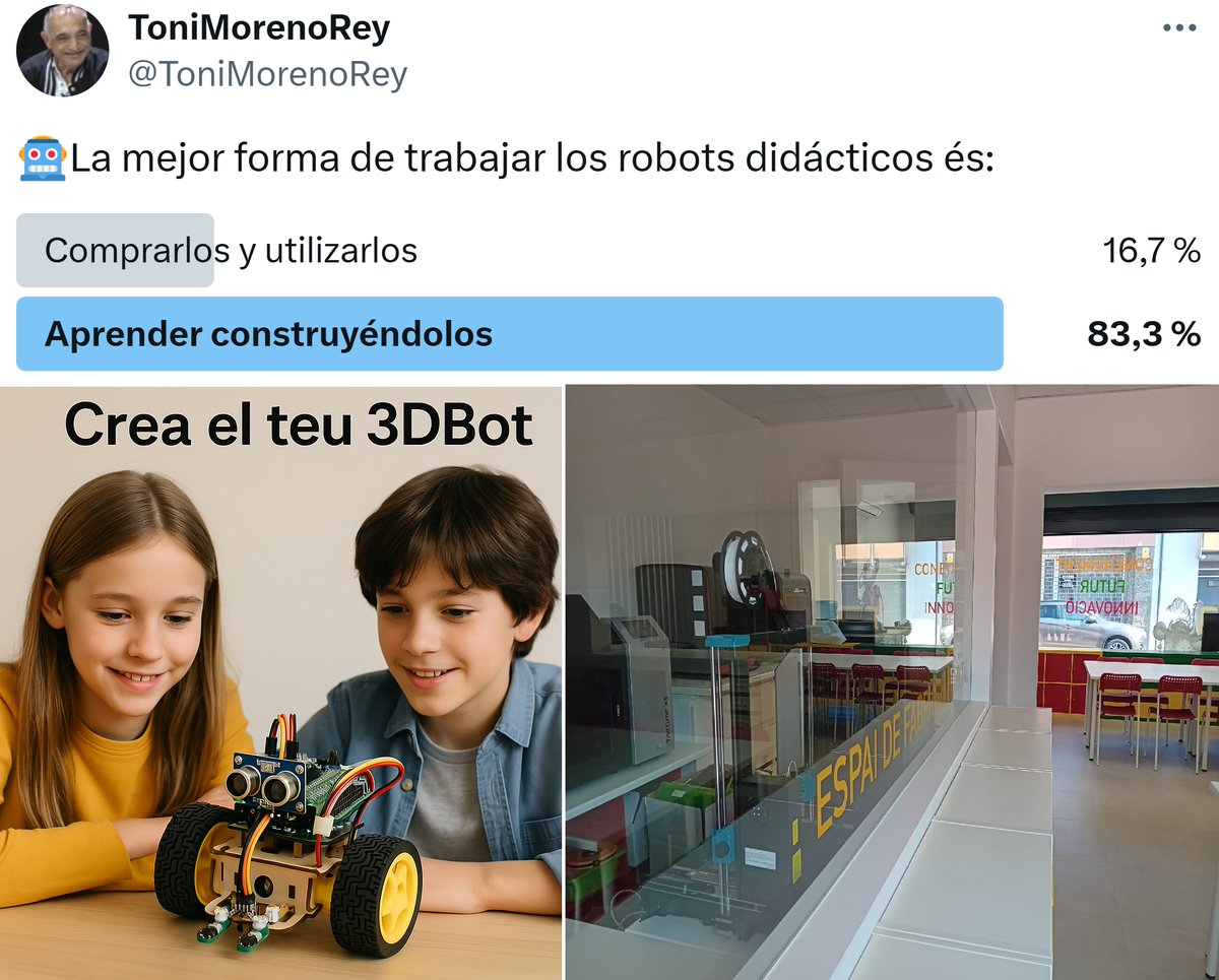 ⁉️Comprar o crear: una cuestión importante⁉️
Hace pocos días hice una encuesta abierta en X con esta cuestión.
👨‍👨‍👦‍👦4 de cada 5  respuestas opinan que es mejor aprender mientras se construye el robot.
No es de extrañar. CREAR es una herramienta pedagógica muy ESTIMULANTE y POTENTE💪