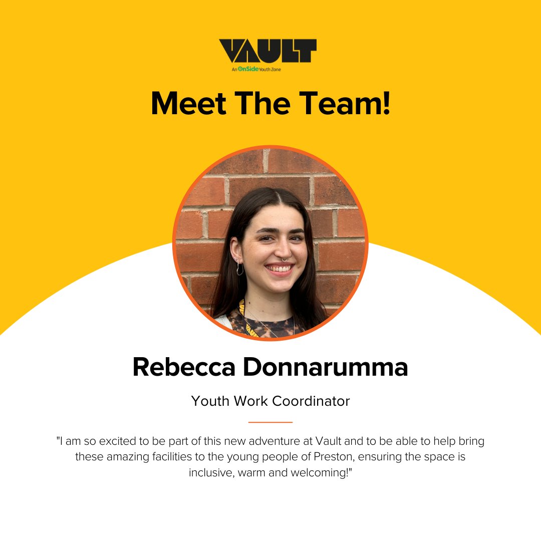 VaultYouthZone's tweet image. Meet Rebecca. Rebecca joins the team at Vault as a Youth Work Coordinator.
#prestonlancashire #prestonyoungpeople #YouthZone #vaultyouthzone #prestonyouth #preston