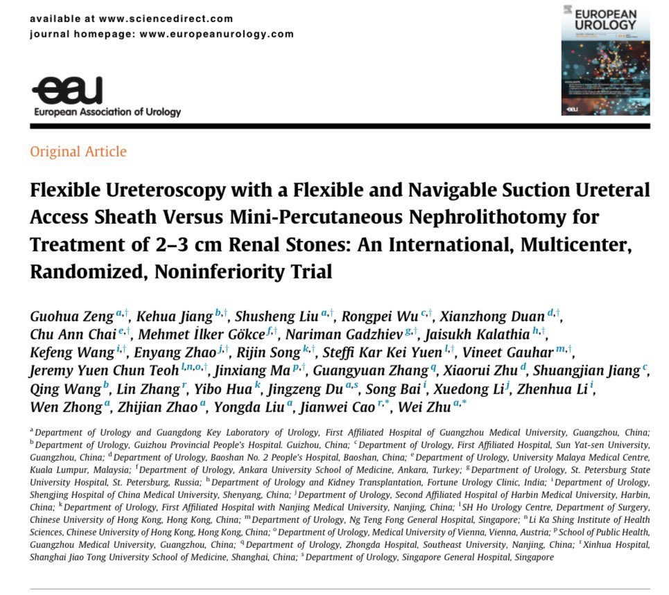 🎉Our work was published at European Urology today! 
🪭Randomized noninferiority trial: Flexible and Navigable Suction Ureteral Access Sheath flexible ureteroscopy #FANS #fURS vs #miniPCNL in 2-3cm renal stone 
🔗 doi.org/10.1016/j.euru…
#GuohuaZeng #WeiZhu #fansofFANS #UroSoMe