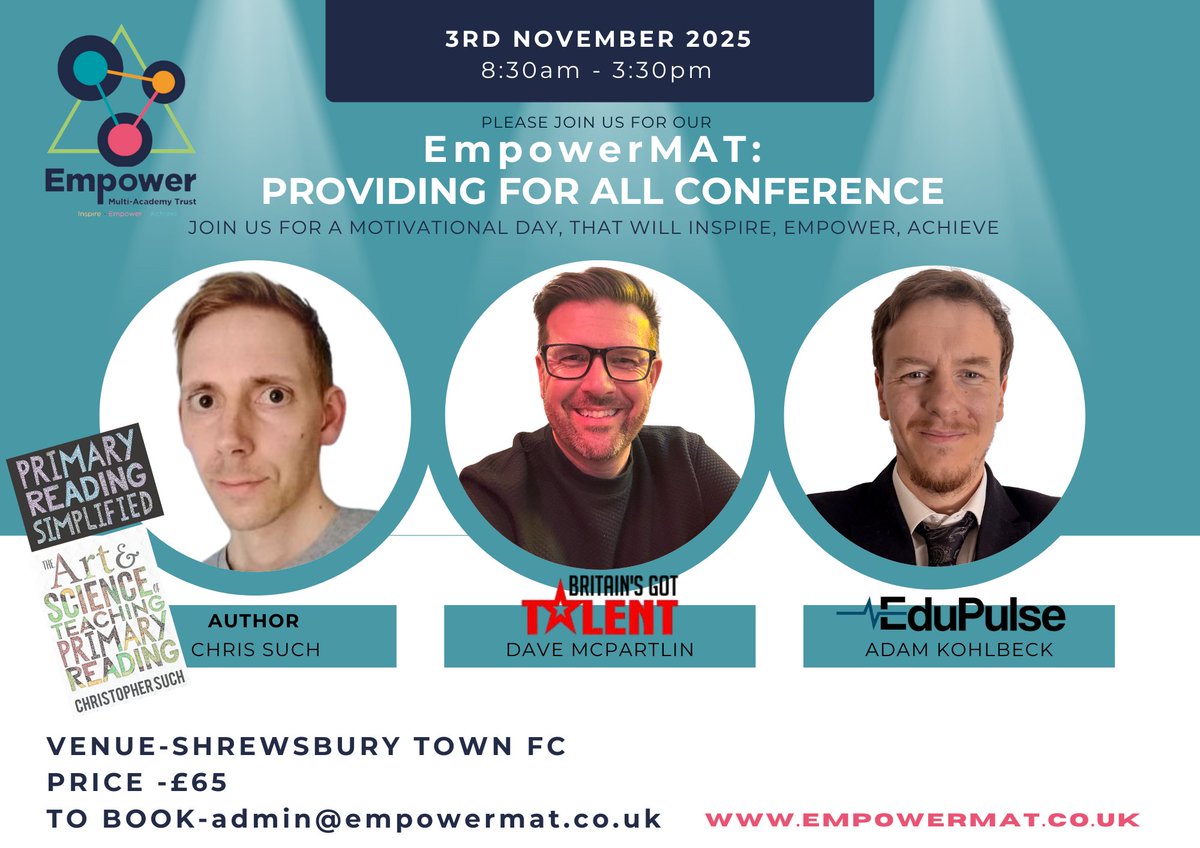 Empower Trust (@empower_trust) on Twitter photo ๐ EmpowerMAT: Providing for All Conference๐
Join us for an inspiring day with three fantastic keynote speakers:
๐ค Christopher Such
๐ค Dave McPartlin
๐ค Adam Kohlbeck
Check out our keynote speakers here - bit.ly/44A0qoW
To book please email: admin@empowermat.co.uk ๐ EmpowerMAT: Providing for All Conference๐
Join us for an inspiring day with three fantastic keynote speakers:
๐ค Christopher Such
๐ค Dave McPartlin
๐ค Adam Kohlbeck
Check out our keynote speakers here - bit.ly/44A0qoW
To book please email: admin@empowermat.co.uk