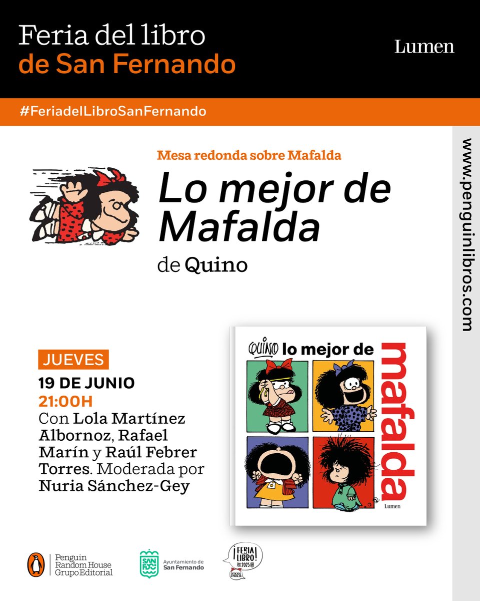 Además, este año la feria está dedicada a nuestra querida #Mafalda ⬇️

⏰ 21h
📖 Mesa redonda con Lola Martínez de Albornoz, Rafael Marín y <a href="/Raulfebrer/">Raúl Febrer Torres 🔻</a>
Modera 👉 <a href="/NuriaSanchezGey/">Nuria Sánchez Gey</a>