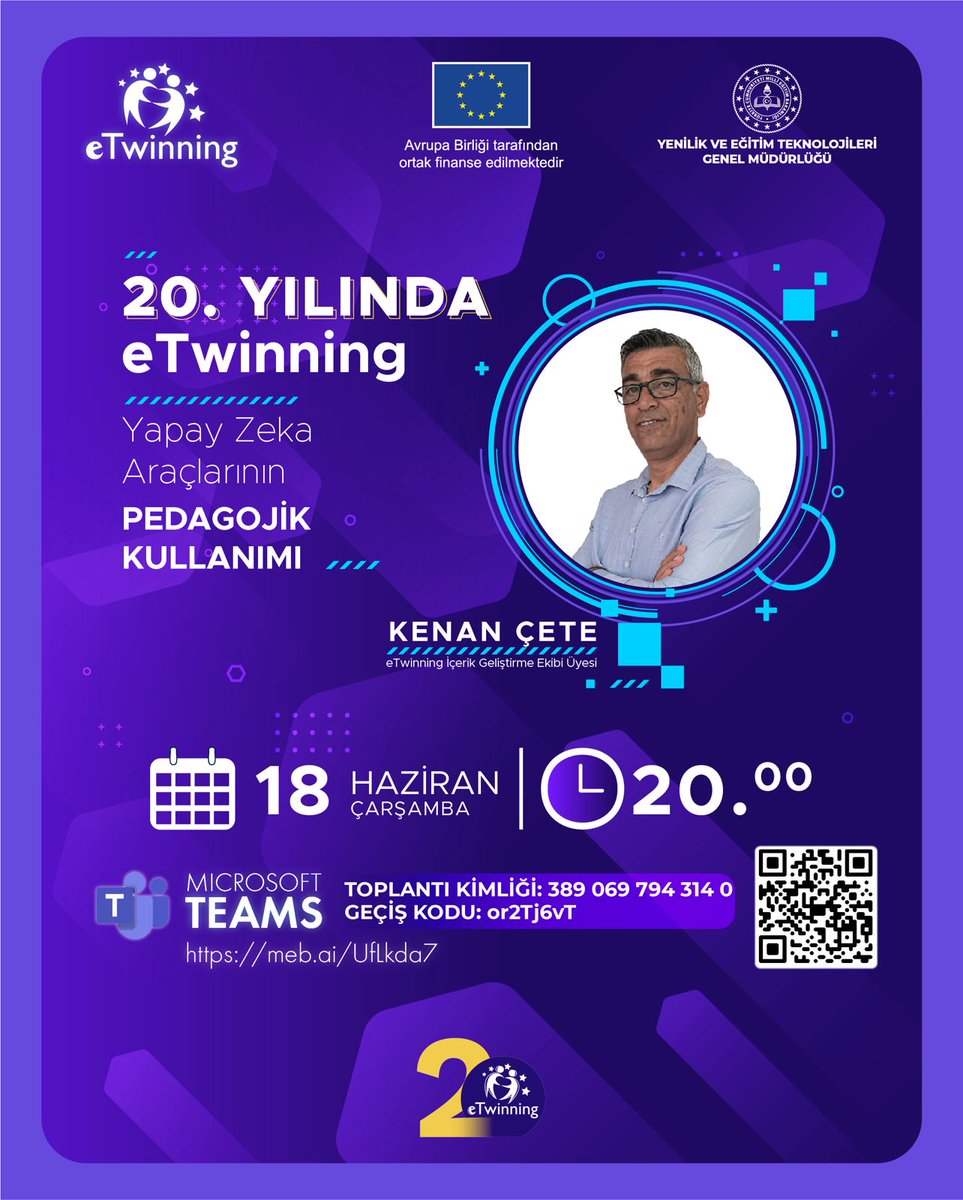 🎊20. Yılında eTwinning🎊

✅ Yapay Zeka Araçlarının Pedagojik Kullanımı

👤Kenan ÇETE - eTwinning İçerik Geliştirme Ekibi Üyesi

📆18 Haziran Çarşamba
⏰20.00

📌Toplantı Kimliği:389 069 794 314 0
📌Geçiş Kodu: or2Tj6vT
📌Link: meb.ai/UfLkda7
<a href="/mebyegitek/">Yenilik ve Eğitim Teknolojileri Genel Müdürlüğü</a> <a href="/tcmeb/">Millî Eğitim Bakanlığı</a>