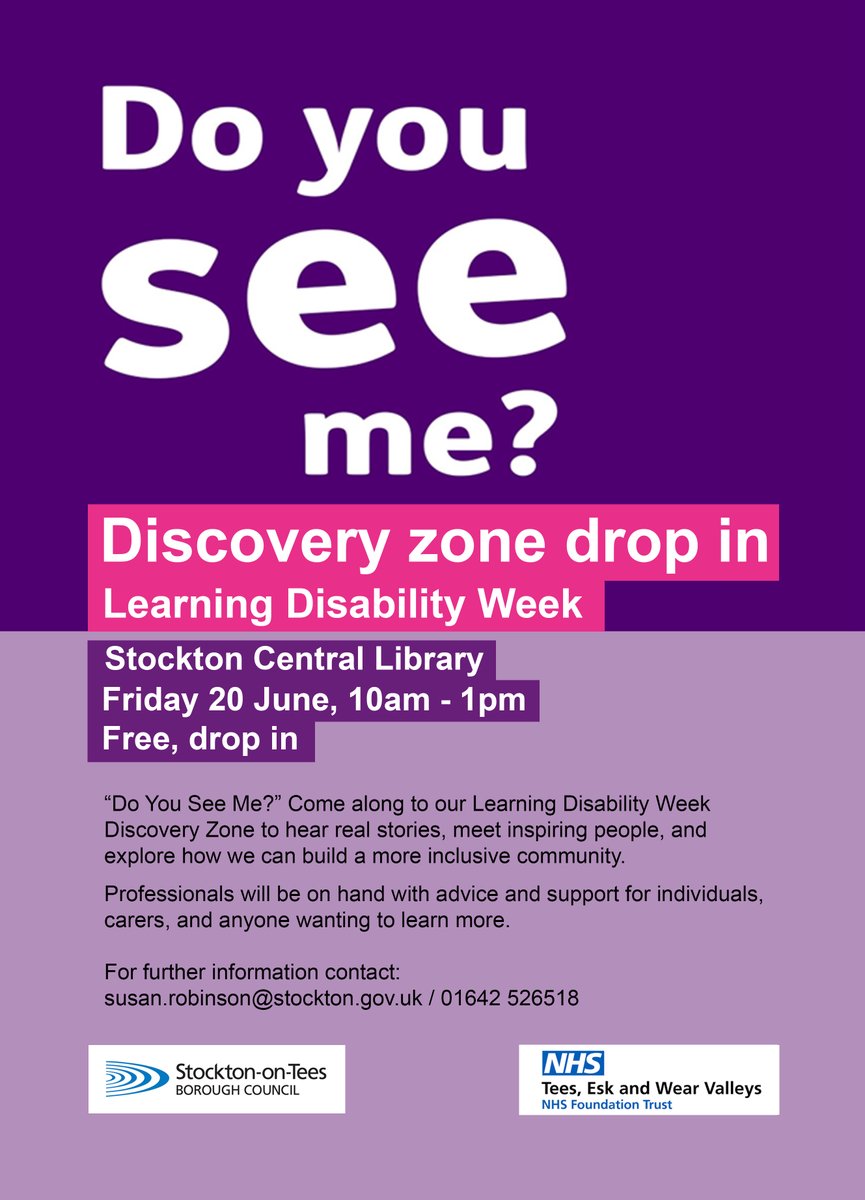 Stockton-on-Tees Community Wellbeing Champions (@well_champs) on Twitter photo This week is #LearningDisabilityWeek awareness
This ποΈFriday 20th June πStockton Central Library π10am-1pm
Pop along to the 'Discovery Zone Drop' to hear real stories, and find out more how we can build a more inclusive community!
@StocktonCouncil <a href="/TEWV/">Tees, Esk & Wear Valleys NHS Foundation Trust</a> This week is #LearningDisabilityWeek awareness
This ποΈFriday 20th June πStockton Central Library π10am-1pm
Pop along to the 'Discovery Zone Drop' to hear real stories, and find out more how we can build a more inclusive community!
@StocktonCouncil <a href="/TEWV/">Tees, Esk & Wear Valleys NHS Foundation Trust</a>