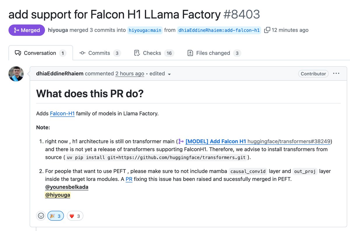 llamafactory_ai's tweet image. LLaMA-Factory now supports fine-tuning the Falcon H1 family of models using Full-FineTune or LoRA, kudos @DhiaRhayem
