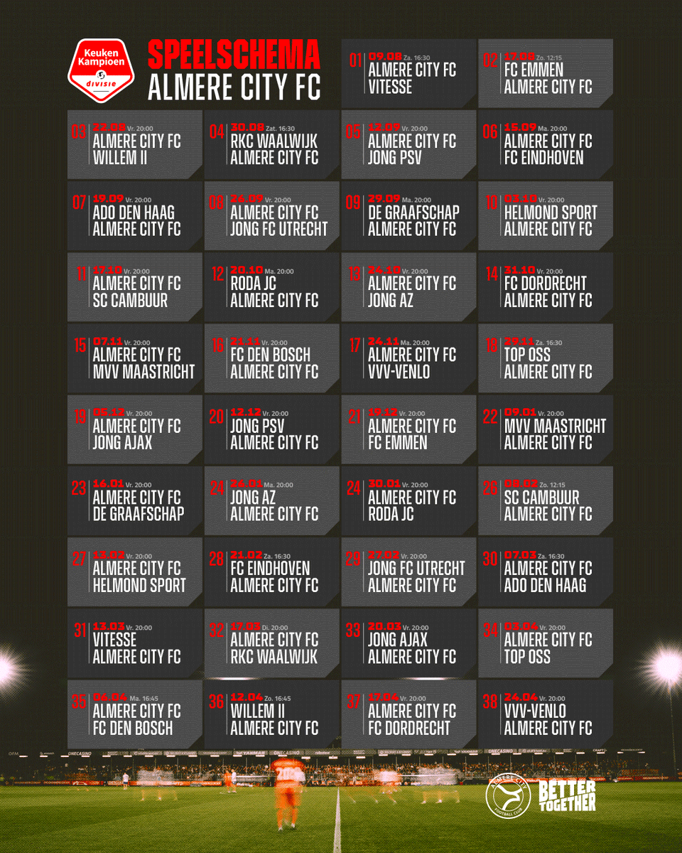 𝐂𝐨𝐧𝐜𝐞𝐩𝐭𝐬𝐜𝐡𝐞𝐦𝐚 𝐬𝐞𝐢𝐳𝐨𝐞𝐧 𝟐𝟎𝟐𝟓/𝟐𝟔 📆

Het speelschema van de Keuken Kampioen Divisie is bekend! We trappen het nieuwe seizoen af thuis tegen Vitesse en eindigen in De Koel tegen VVV-Venlo. 🫡

#AlmereCity #BetterTogether