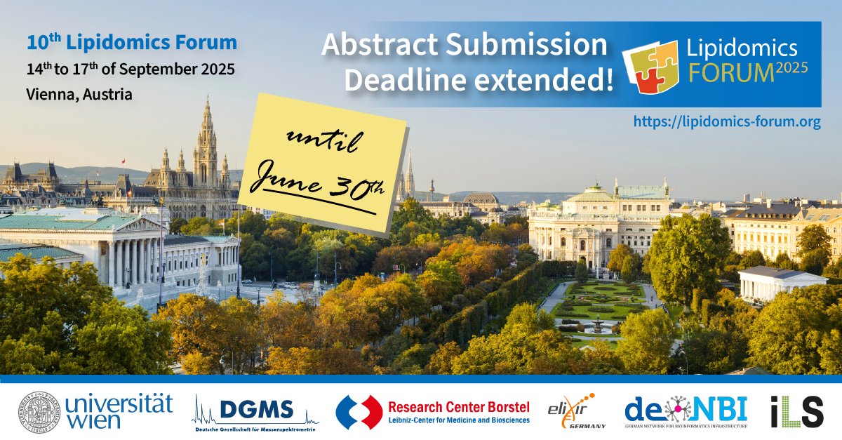 Good news! The abstract submission deadline for #LipidomicsForum 2025 has been extended until 30th of June, aligning with the early bird registration deadline. We’re excited to showcase cutting-edge research, including yours! 👉lipidomics.at/lipidomics-for… <a href="/Ahrends15/">Lipidomics.at</a>  #lipids