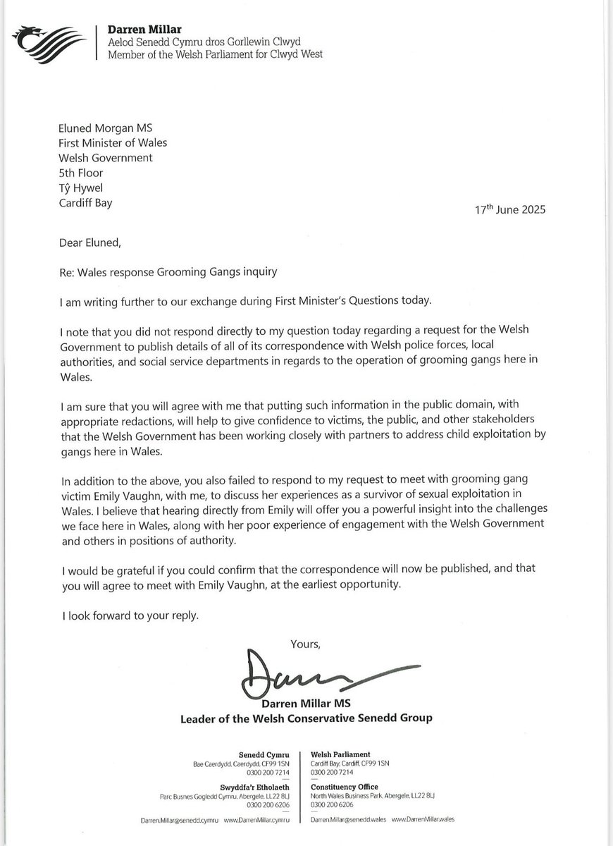 Darren Millar MS 🏴 (@darrenmillarms) on Twitter photo Yesterday, I called on Labour's First Minister to publish correspondence on grooming gangs and to meet with <a href="/cbawiththiss/">Emily Vaughn ( ENSLAVED )</a> a leading campaigner and victim of sexual exploitation.
She declined to respond.
I've also written to reiterate my calls👇 Yesterday, I called on Labour's First Minister to publish correspondence on grooming gangs and to meet with <a href="/cbawiththiss/">Emily Vaughn ( ENSLAVED )</a> a leading campaigner and victim of sexual exploitation.
She declined to respond.
I've also written to reiterate my calls👇