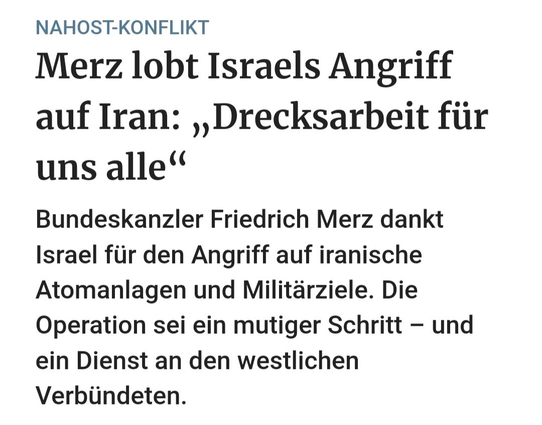 Was für eine unfassbare Doppelmoral und Heuchelei: Der völkerrechtswidrige Angriffskrieg #Israels auf den #Iran, bei dem auch Ministerien und Zivilisten bombardiert werden und der die ganze Region in Brand stecken könnte, ist für Kanzler #Merz „Drecksarbeit für uns alle“. Aber