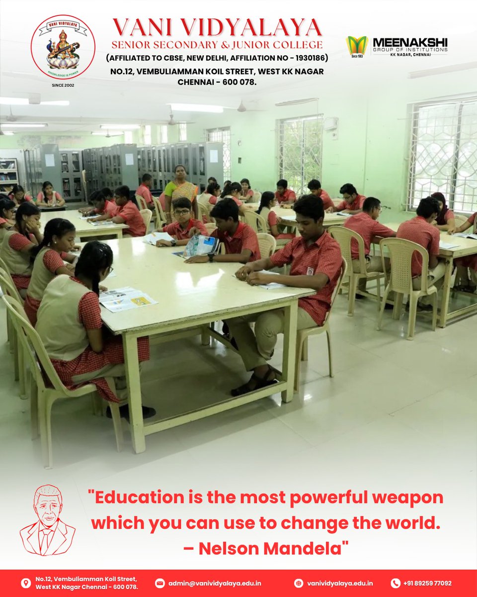 vani_vidyalaya's tweet image. At Vani Vidyalaya, our library inspires young minds to read, learn, and lead the change through knowledge.
🌐 vanividyalaya.edu.in
📞 +91 89259 77092
#VaniVidyalaya #LibraryLearning #CBSEChennai #KKNagar #EducationMatters #NelsonMandelaQuote #bestcbseschoolinchennai #chenai