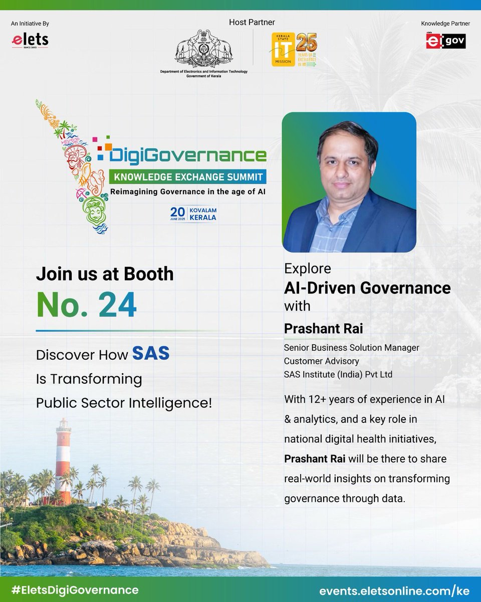 egovonline's tweet image. Hear from Prashant Rai, Senior Business Solution Manager at SAS, as he dives into 12+ years of AI‑powered analytics & digital health experience.
📍 Booth 24, DigiGovernance Summit, Kovalam, Kerala
#EletsDigiGovernance #AIinGovernance #SASAnalytics #GovTech