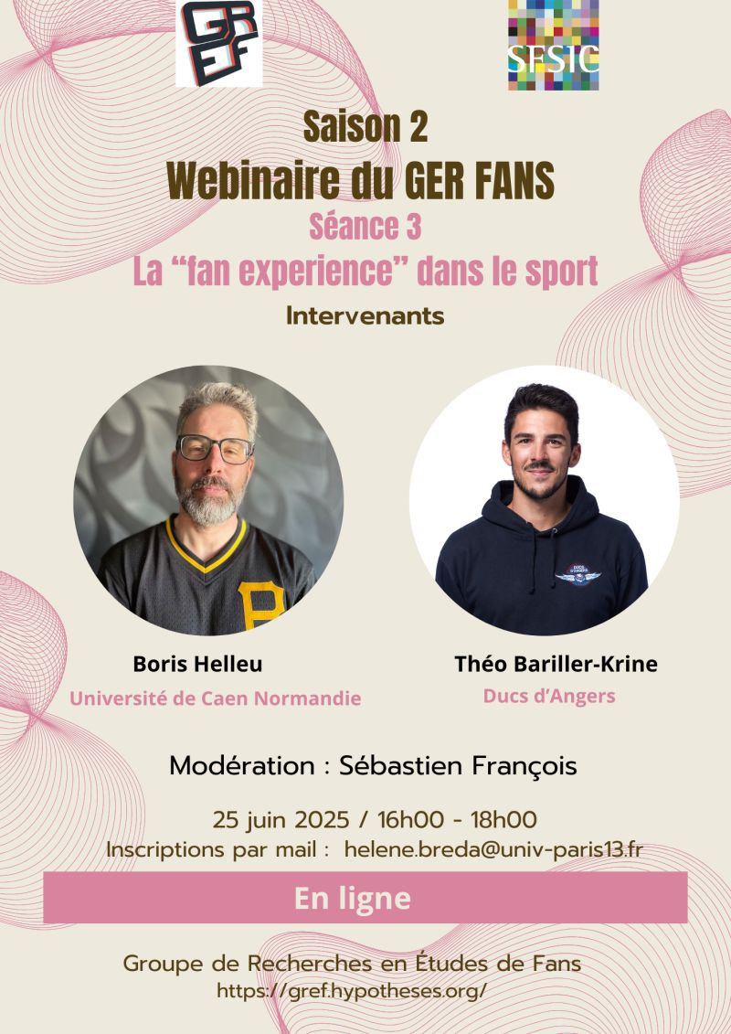 🏟️ Webinaire du Groupe de Recherches en Etudes de Fans sur la thématique de le Fan Expérience 
📅 Mercredi 25 juin, 16h00 
ℹ️ linkedin.com/feed/update/ur…