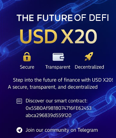 usdx20's tweet photo. Step into the future of finance with USD X20!
A secure, transparent, and decentralized DeFi platform.

📜 Discover our smart contract:
 0x55B0fAf9818074716F622453abc296839d559120

👥 Join our community on Telegram:
https://t.co/jBbHrtdttP

#USDX20 #DeFiFuture #CryptoInnovation #Web3 #BlockchainFinance