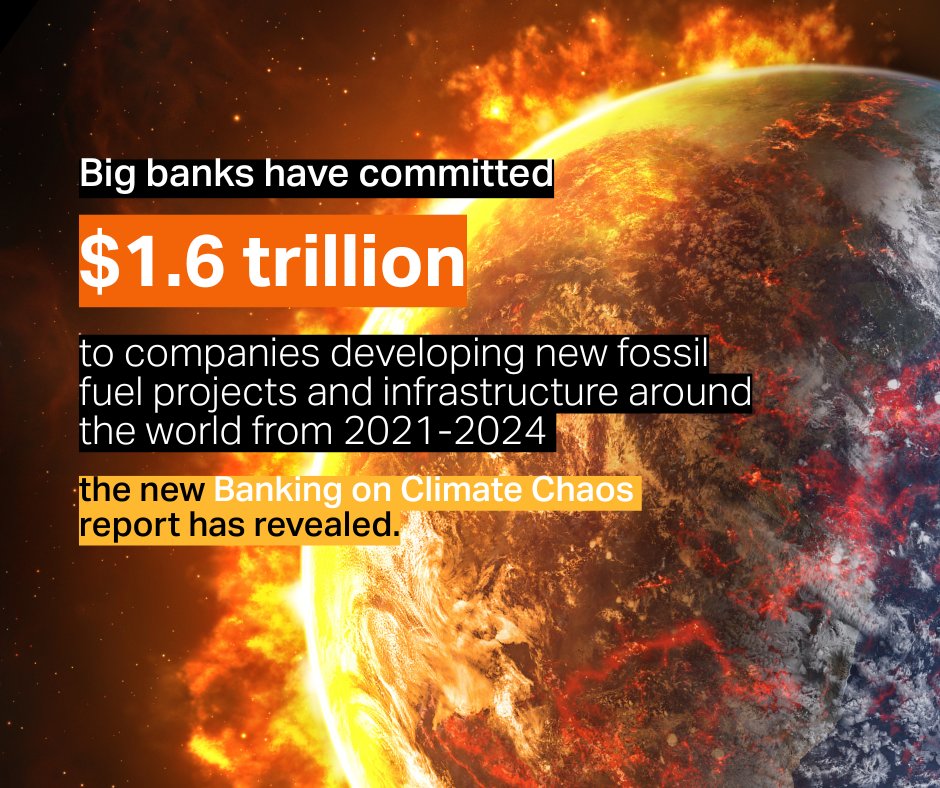 📢BREAKING📢

Big banks poured a staggering $869 billion into fossil fuels in 2024 alone. The new #BankingOnClimateChaos report reveals how much they're contributing to the climate crisis.

It's immoral &amp; irresponsible &amp; carries significant legal risk. bankingonclimatechaos.org 1/4